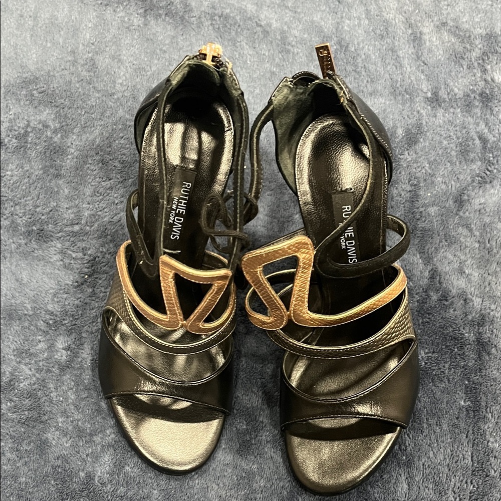 Ruthie Davis Black and Gold Strappy Heels